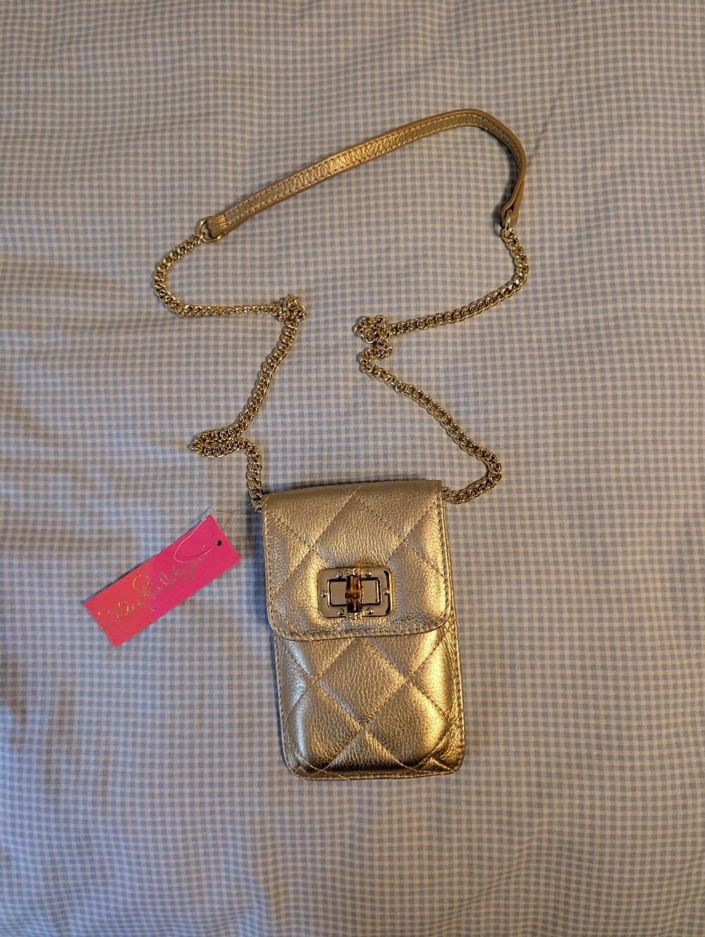 Lilly Pulitzer NWT Gold Quilted Crossbody Phone Bag with Chain Strap